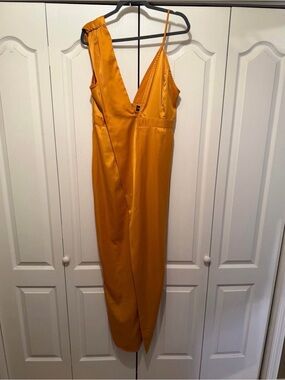 mustard asymmetric drape detail maxi dress Mustard Maxi Dress With Slit